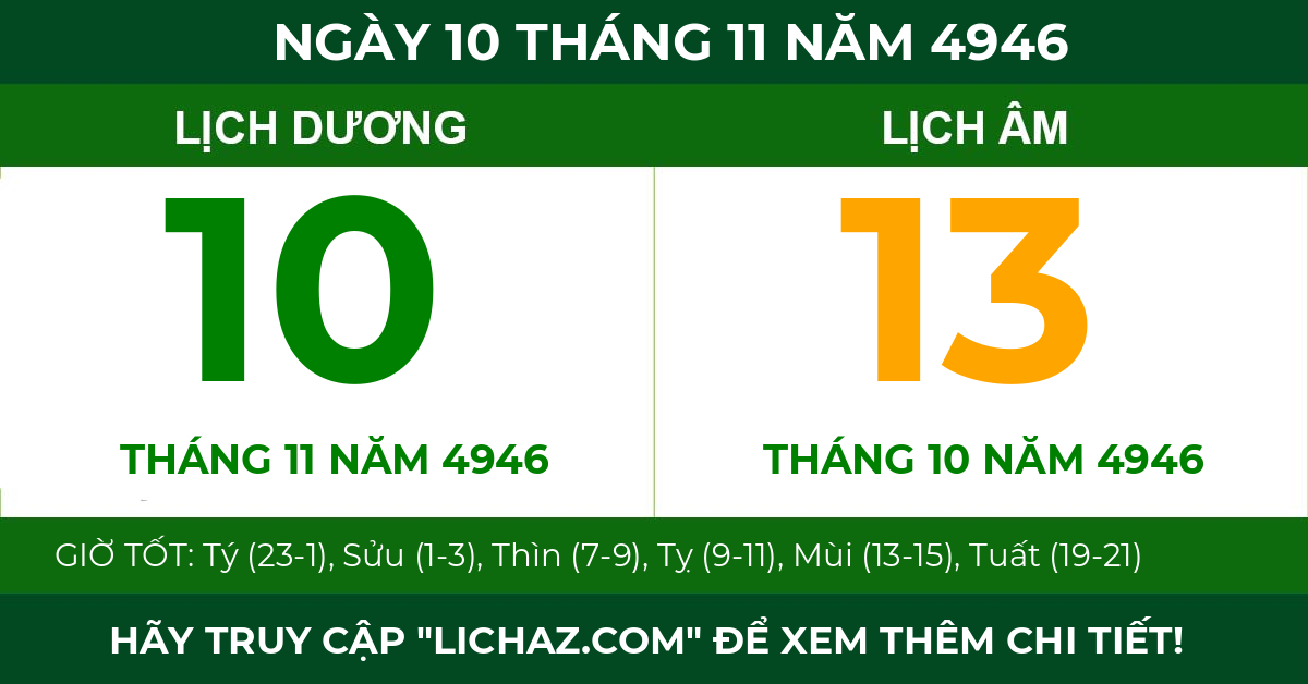 lịch âm ngày 10 tháng 11 năm 4946