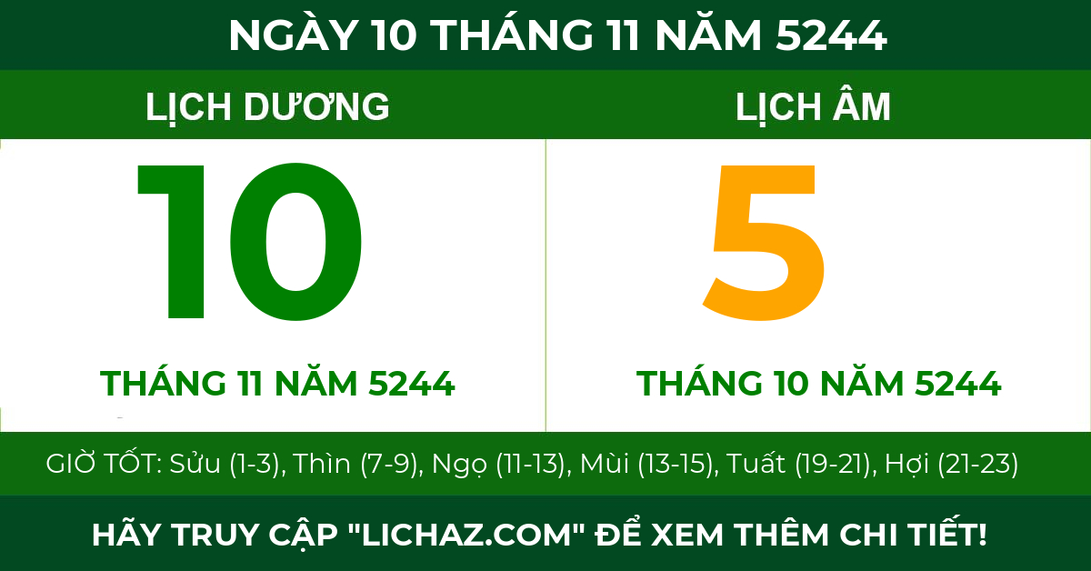 lịch âm ngày 10 tháng 11 năm 5244