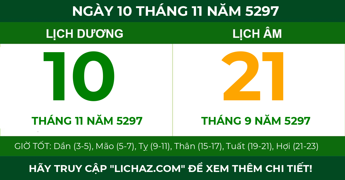 lịch âm ngày 10 tháng 11 năm 5297