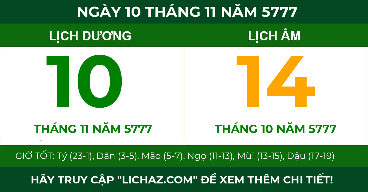 lịch âm ngày 10 tháng 11 năm 5777