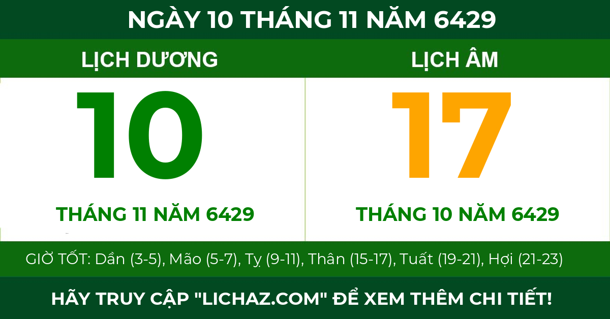 lịch âm ngày 10 tháng 11 năm 6429