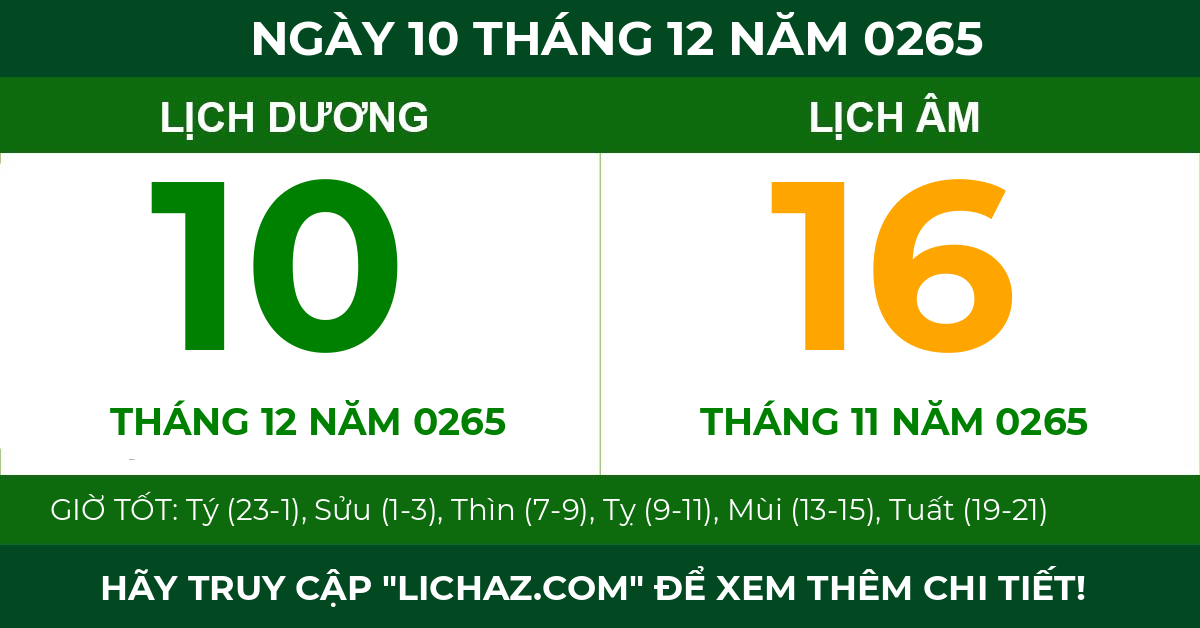 lịch âm ngày 10 tháng 12 năm 0265