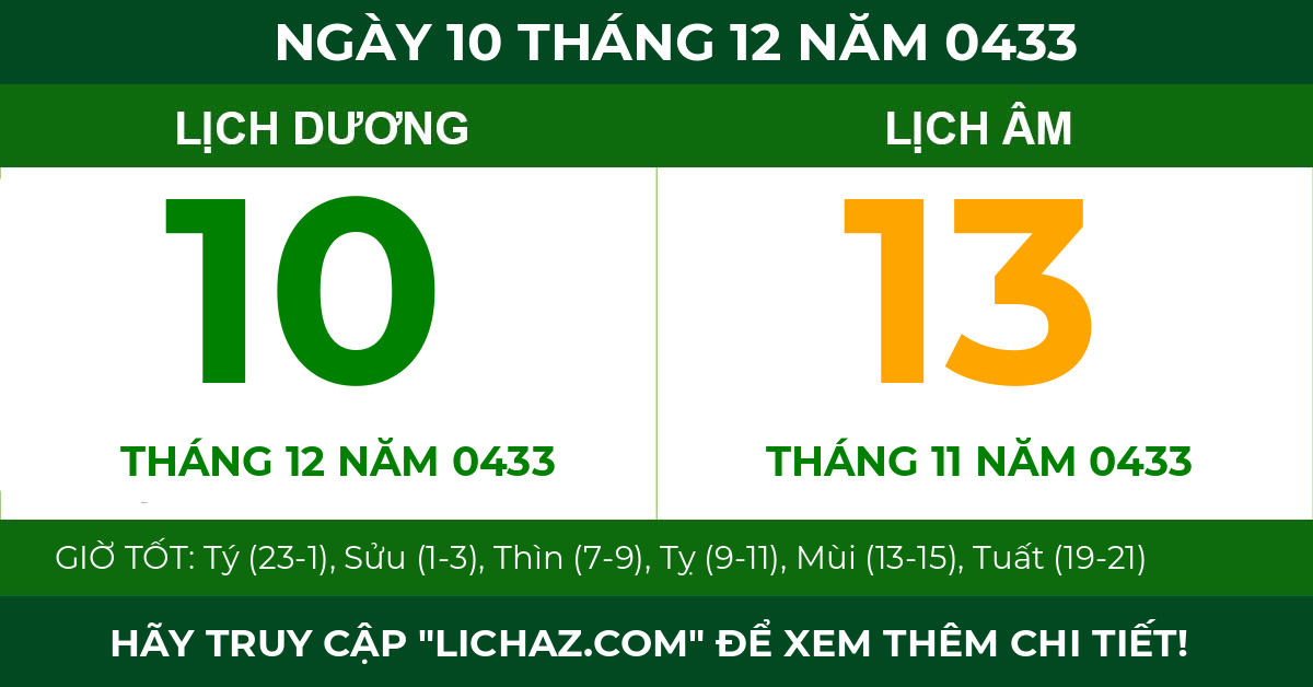 lịch âm ngày 10 tháng 12 năm 0433