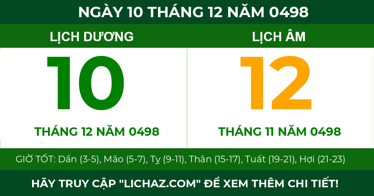 lịch âm ngày 10 tháng 12 năm 0498