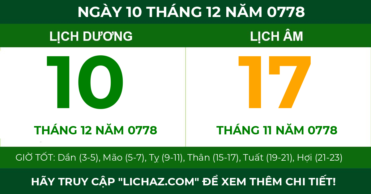 lịch âm ngày 10 tháng 12 năm 0778