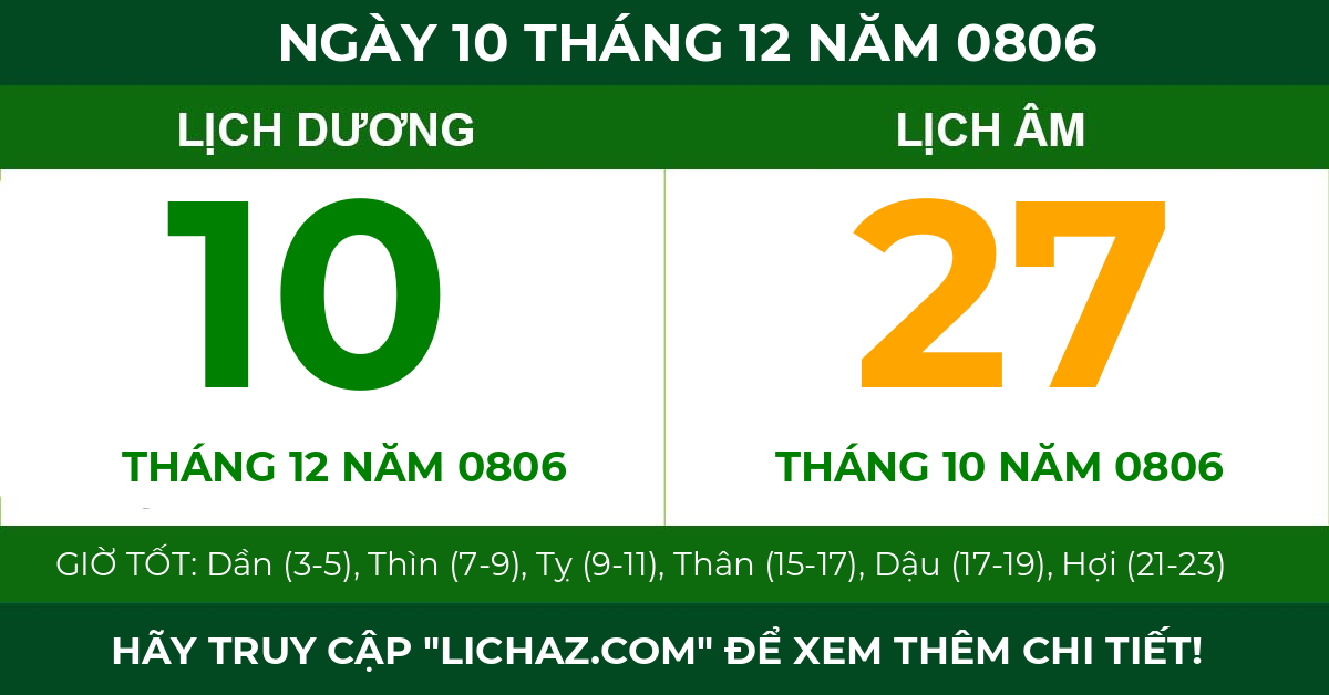 lịch âm ngày 10 tháng 12 năm 0806