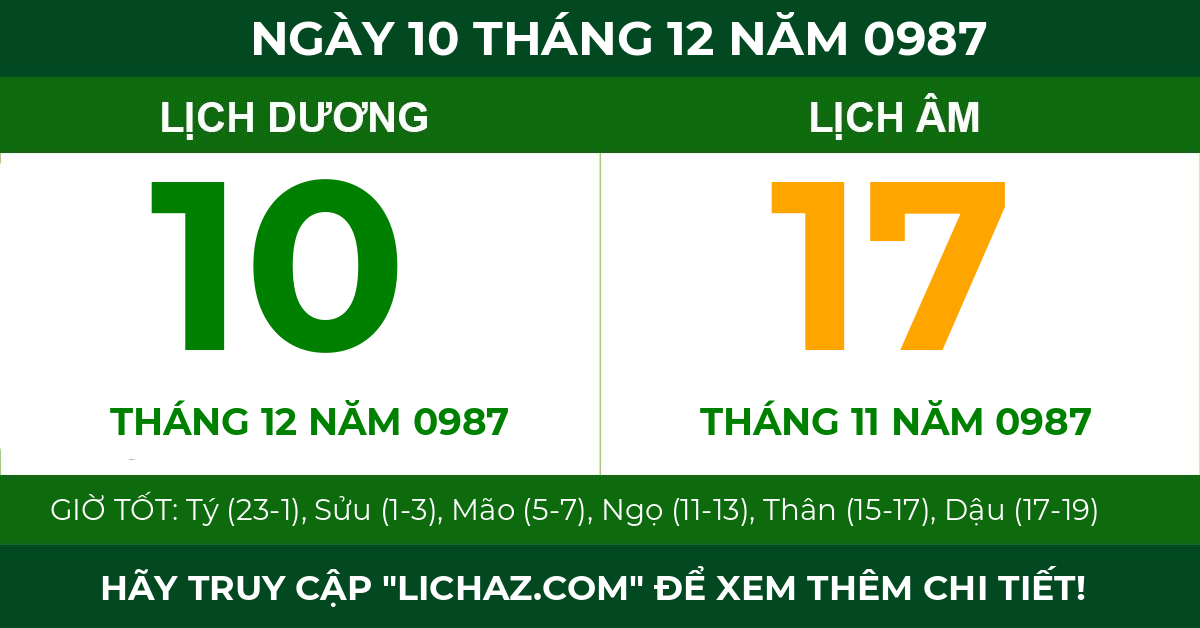 lịch âm ngày 10 tháng 12 năm 0987