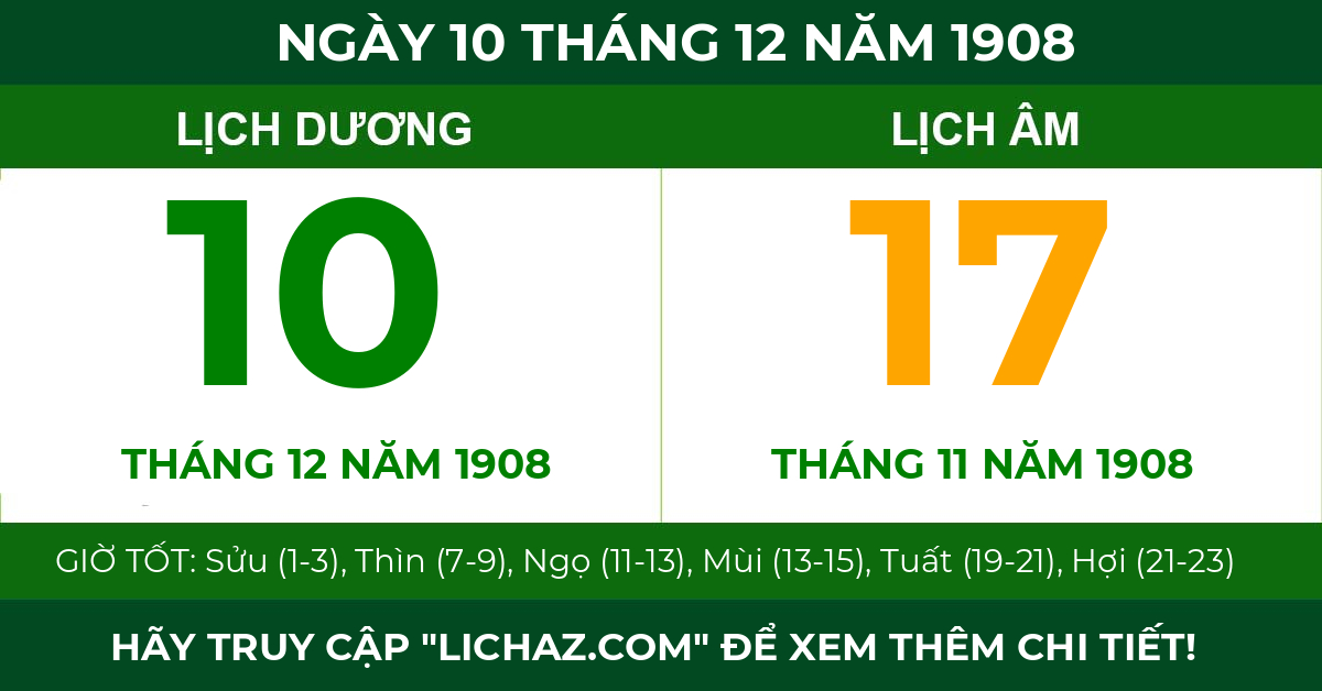 lịch âm ngày 10 tháng 12 năm 1908