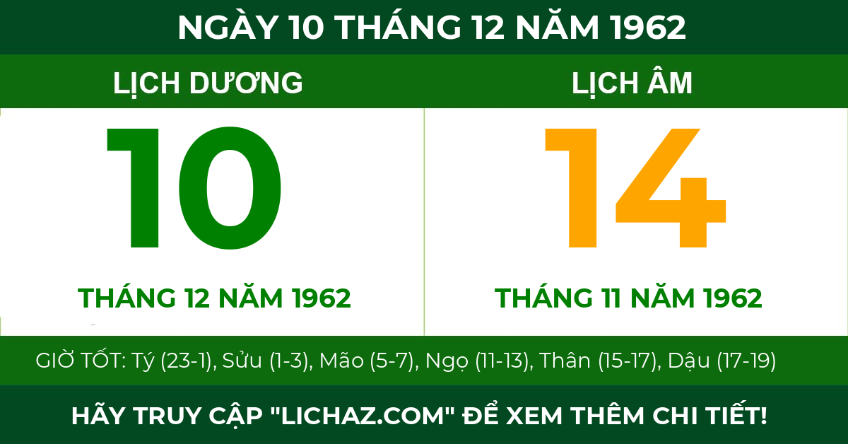 lịch âm ngày 10 tháng 12 năm 1962