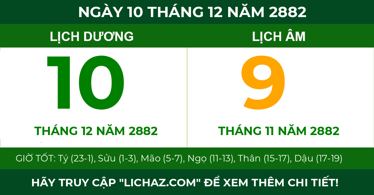 lịch âm ngày 10 tháng 12 năm 2882