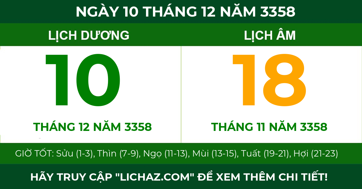 lịch âm ngày 10 tháng 12 năm 3358