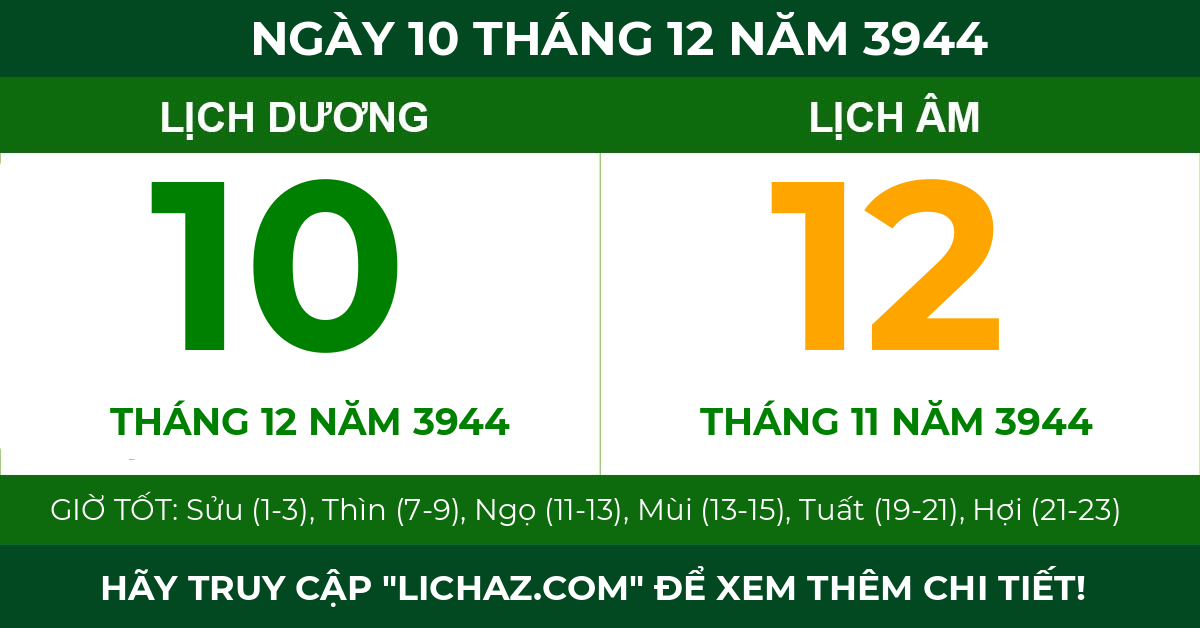 lịch âm ngày 10 tháng 12 năm 3944