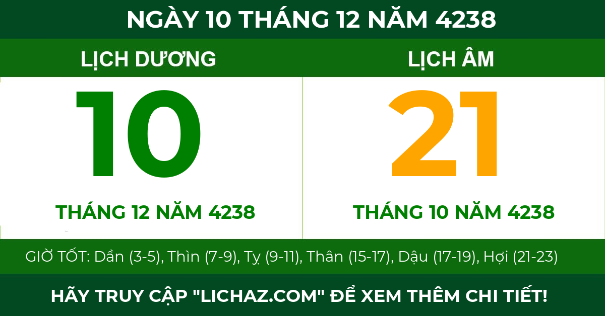 lịch âm ngày 10 tháng 12 năm 4238