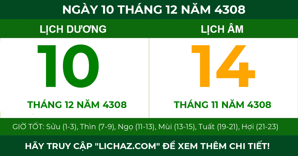 lịch âm ngày 10 tháng 12 năm 4308