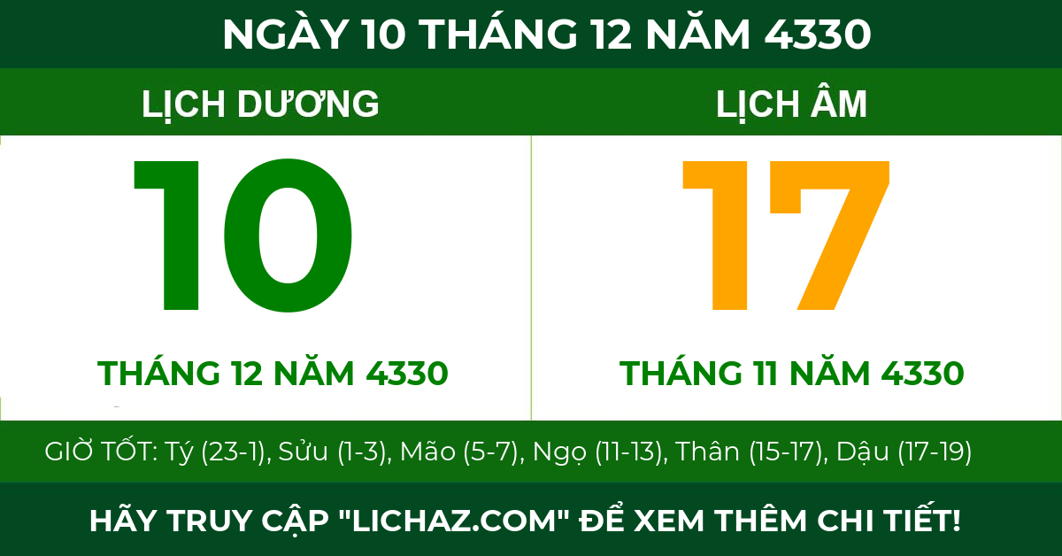 lịch âm ngày 10 tháng 12 năm 4330