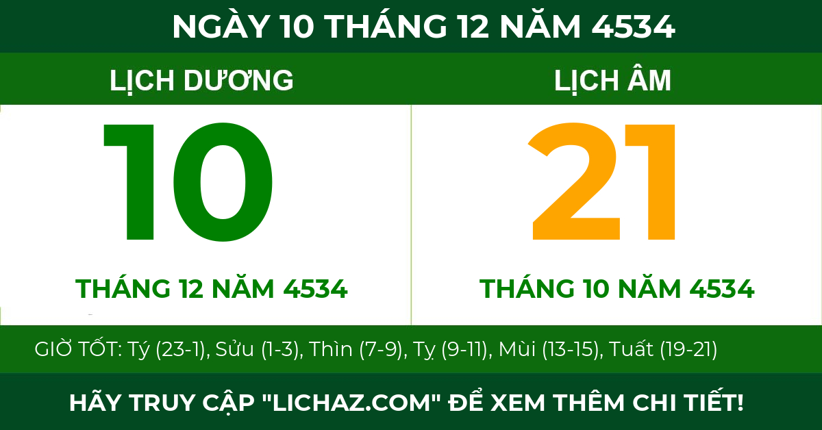 lịch âm ngày 10 tháng 12 năm 4534