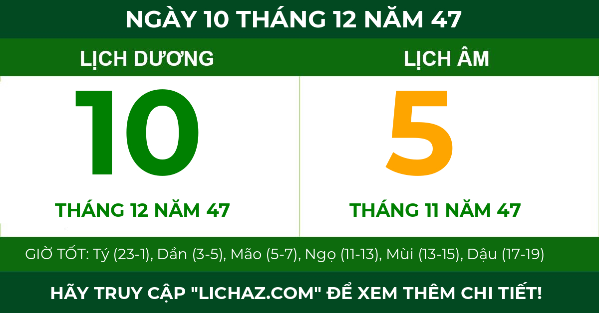 lịch âm ngày 10 tháng 12 năm 47