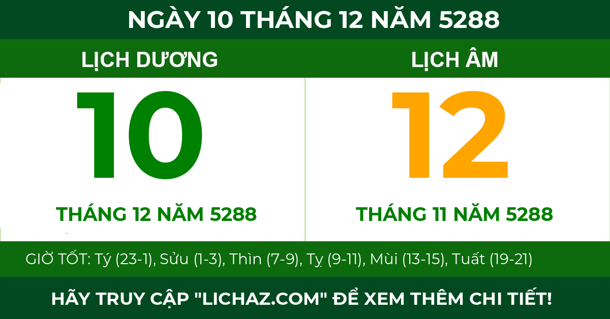 lịch âm ngày 10 tháng 12 năm 5288