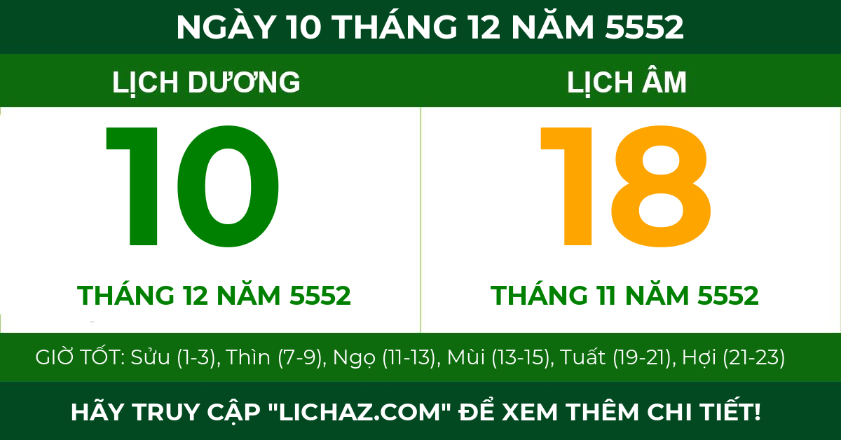 lịch âm ngày 10 tháng 12 năm 5552