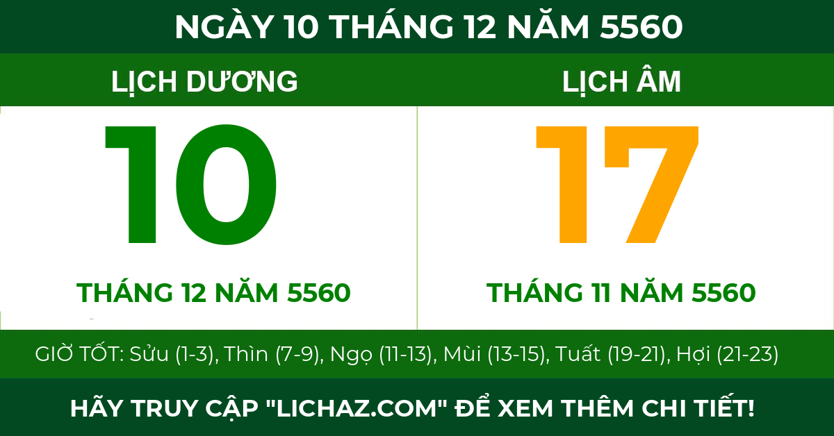 lịch âm ngày 10 tháng 12 năm 5560