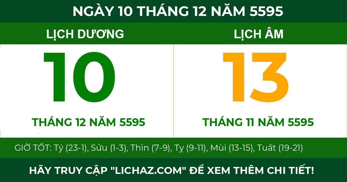 lịch âm ngày 10 tháng 12 năm 5595