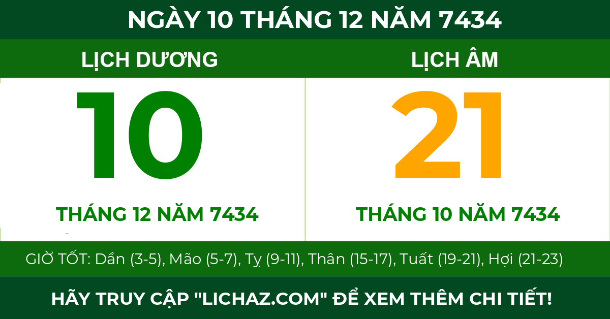 lịch âm ngày 10 tháng 12 năm 7434