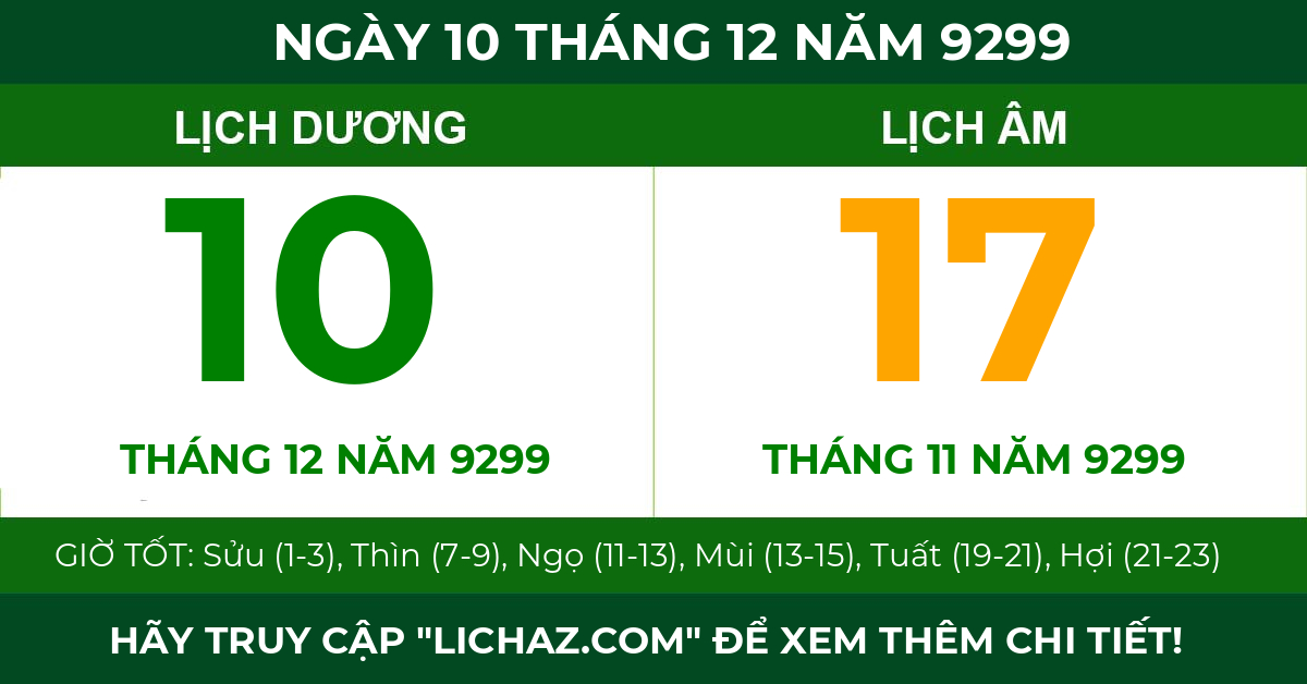 lịch âm ngày 10 tháng 12 năm 9299