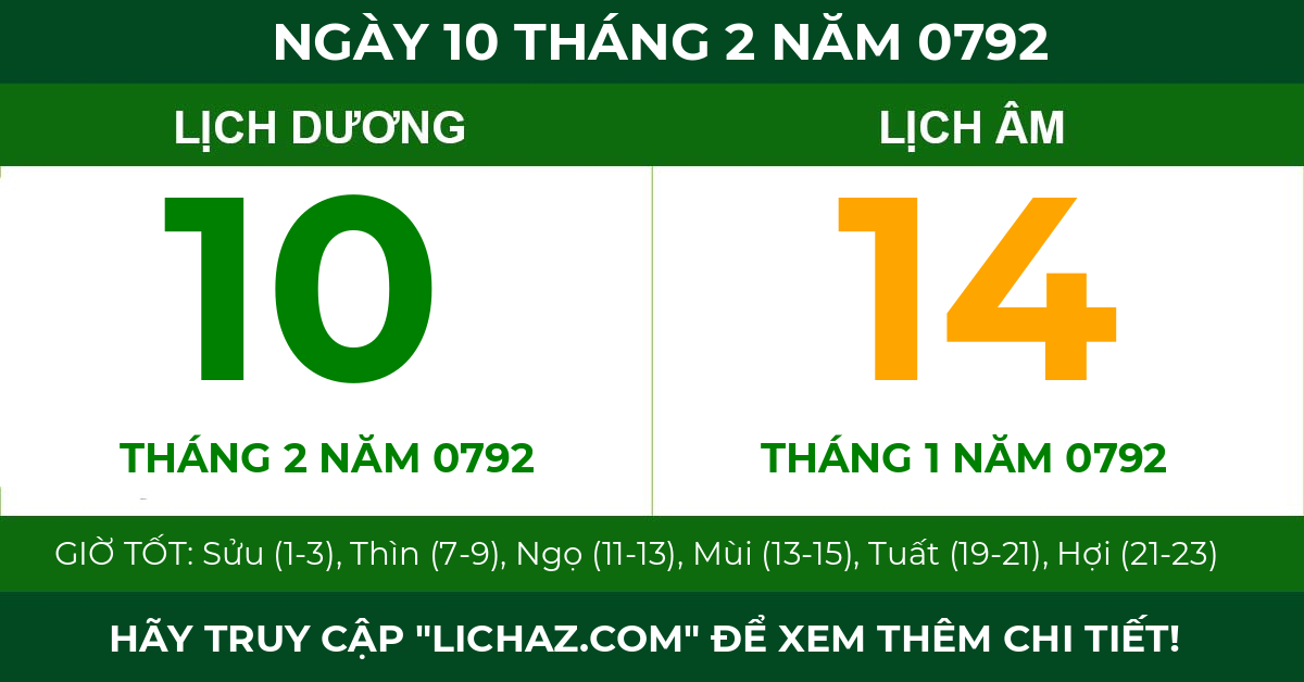 lịch âm ngày 10 tháng 2 năm 0792