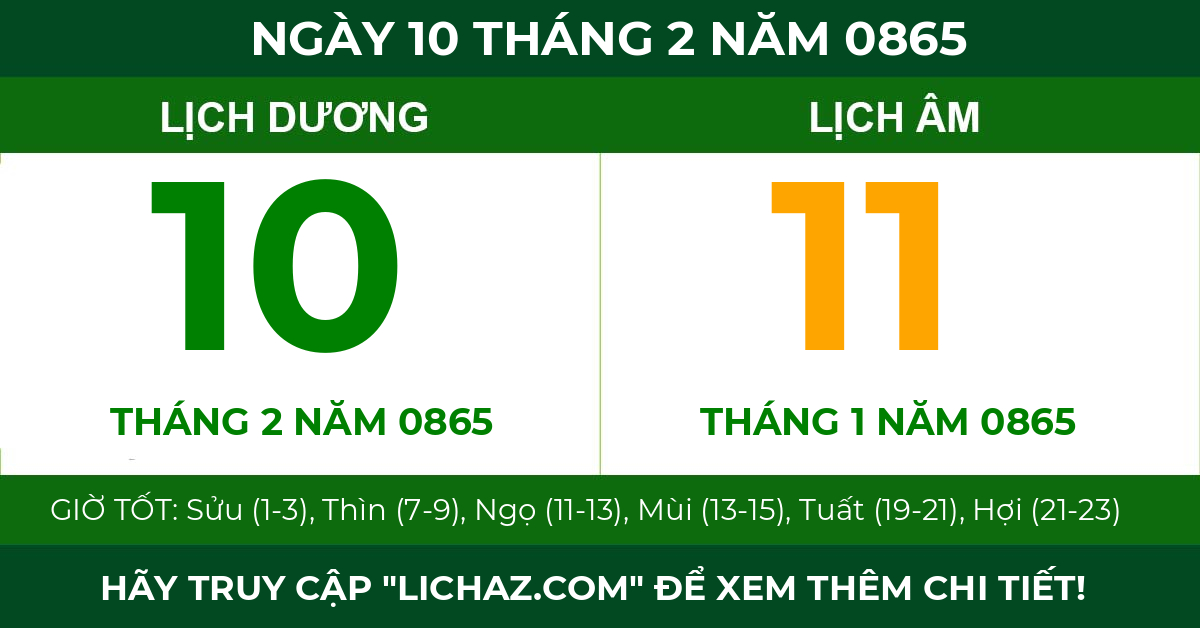lịch âm ngày 10 tháng 2 năm 0865