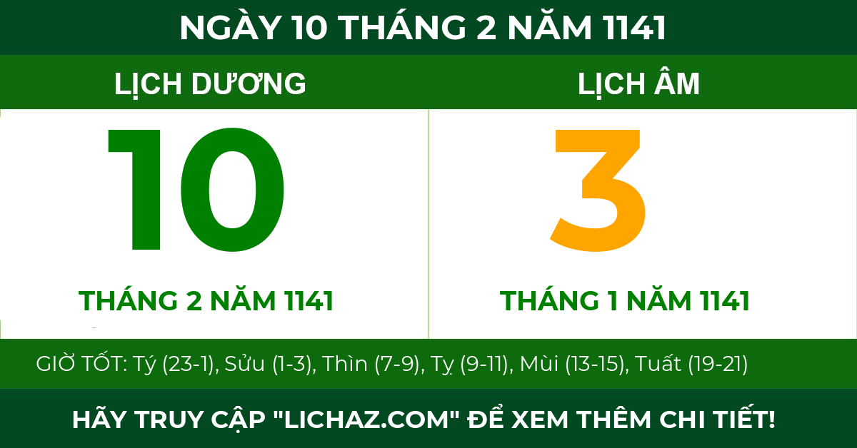 lịch âm ngày 10 tháng 2 năm 1141