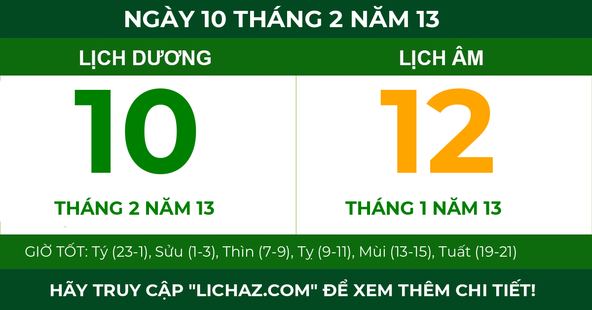 lịch âm ngày 10 tháng 2 năm 13