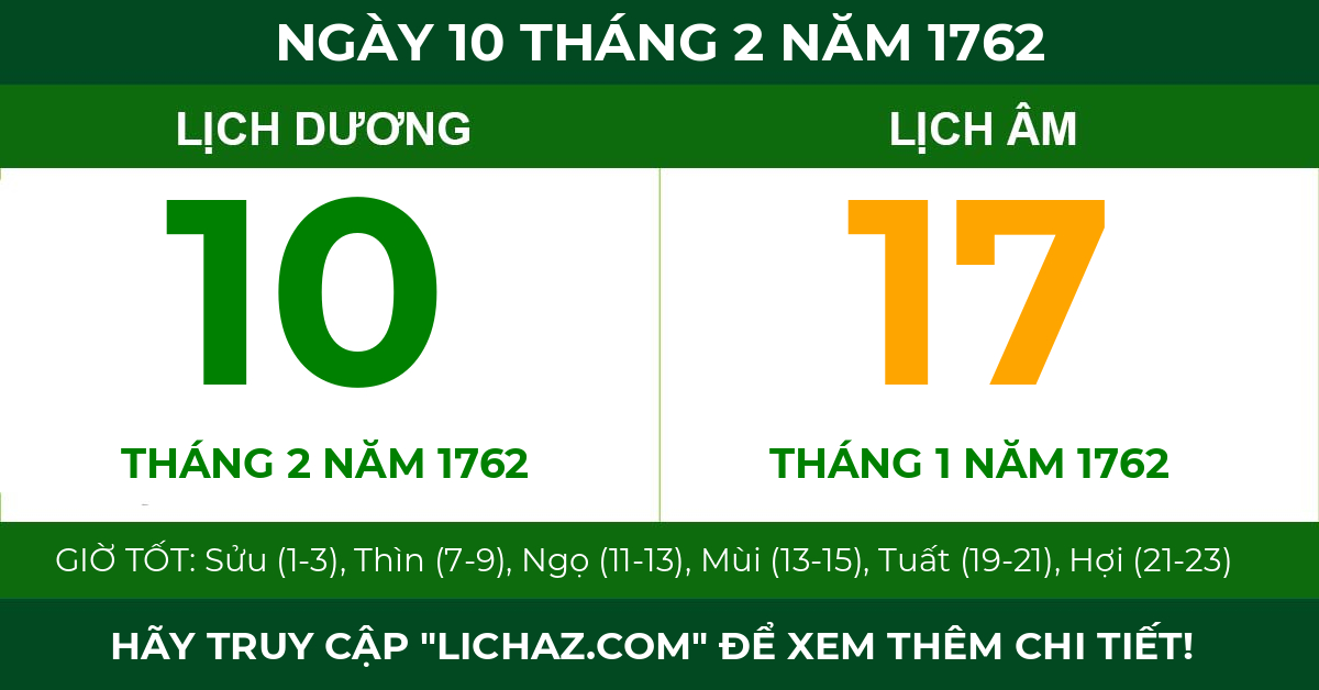lịch âm ngày 10 tháng 2 năm 1762