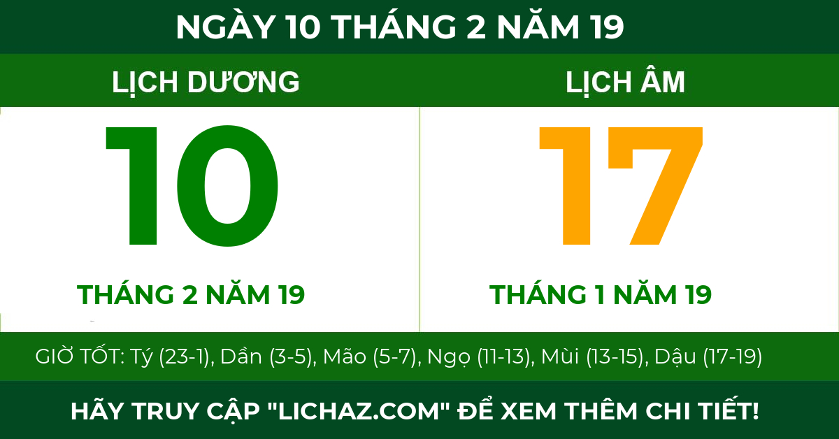 lịch âm ngày 10 tháng 2 năm 19