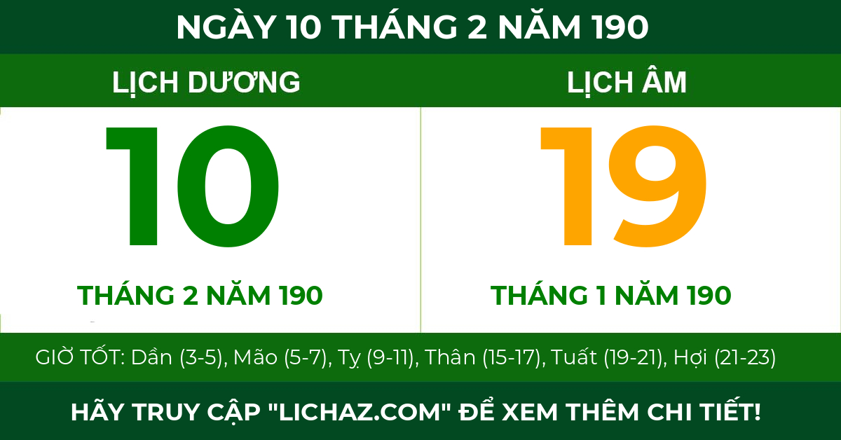 lịch âm ngày 10 tháng 2 năm 190