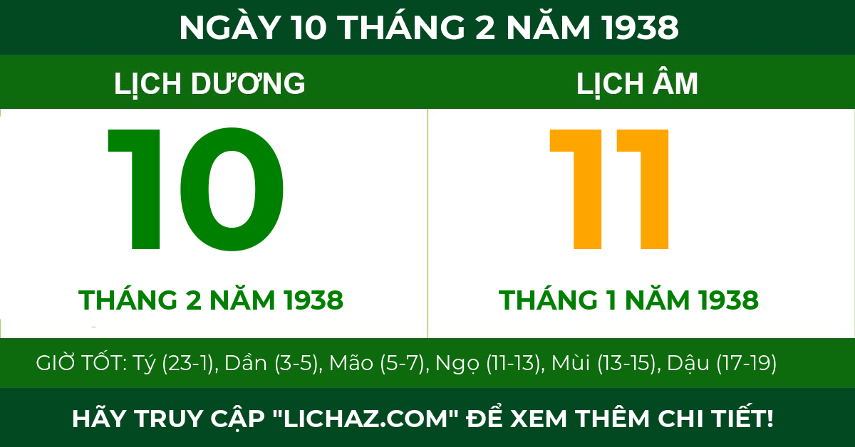 lịch âm ngày 10 tháng 2 năm 1938