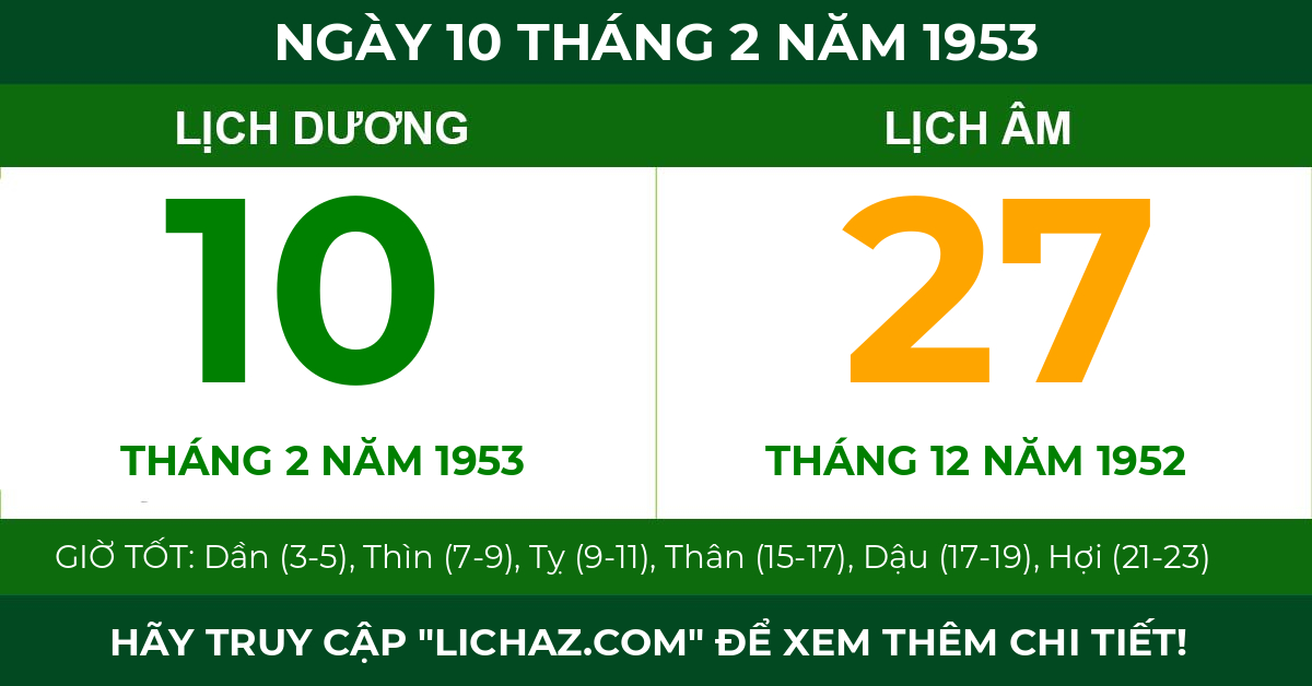 lịch âm ngày 10 tháng 2 năm 1953