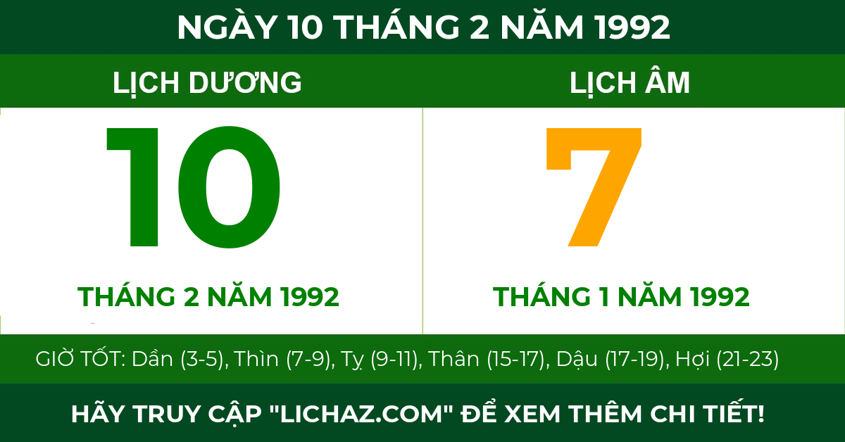lịch âm ngày 10 tháng 2 năm 1992