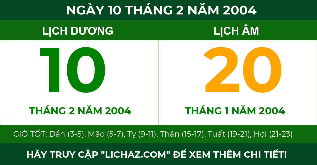lịch âm ngày 10 tháng 2 năm 2004