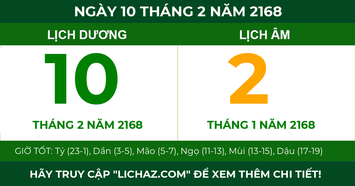 lịch âm ngày 10 tháng 2 năm 2168