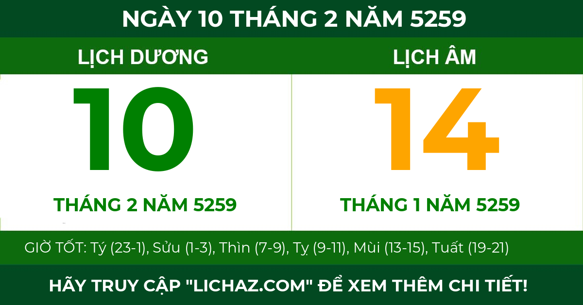 lịch âm ngày 10 tháng 2 năm 5259