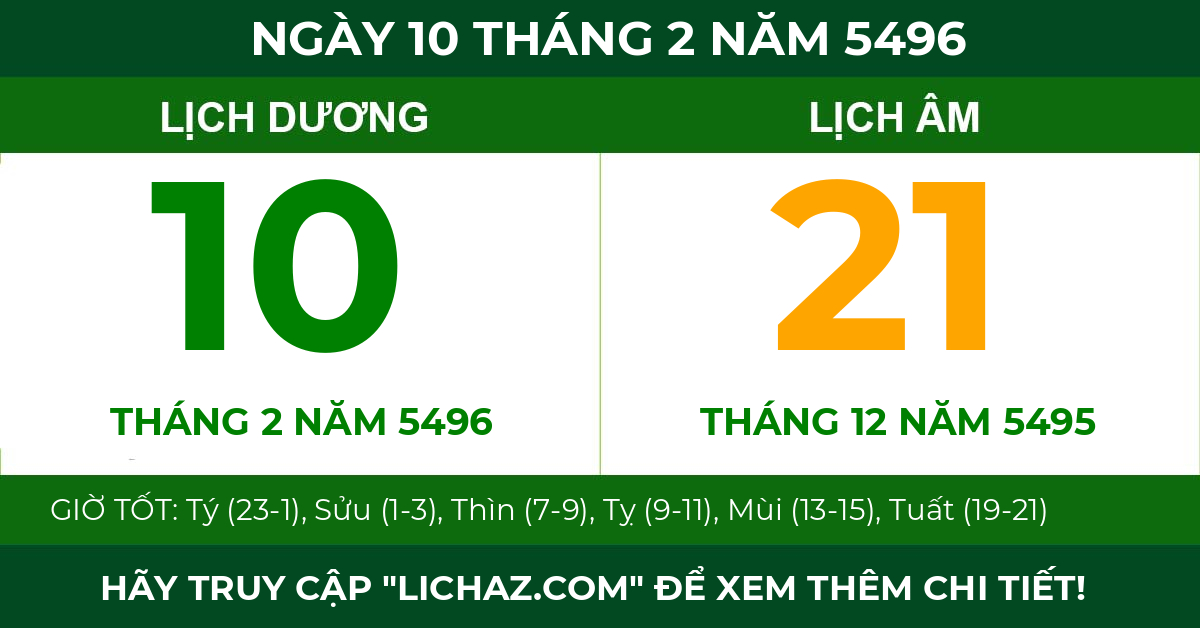 lịch âm ngày 10 tháng 2 năm 5496