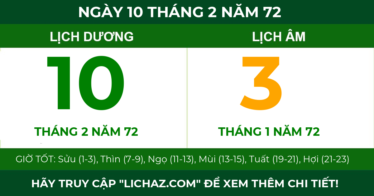 lịch âm ngày 10 tháng 2 năm 72