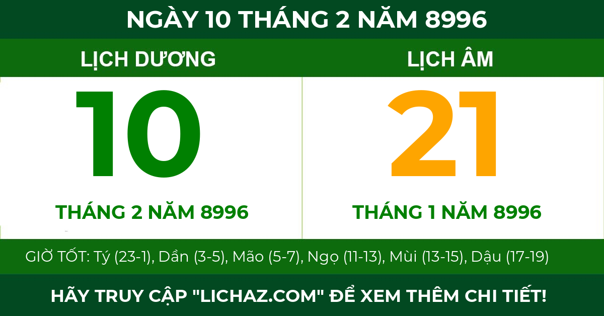 lịch âm ngày 10 tháng 2 năm 8996
