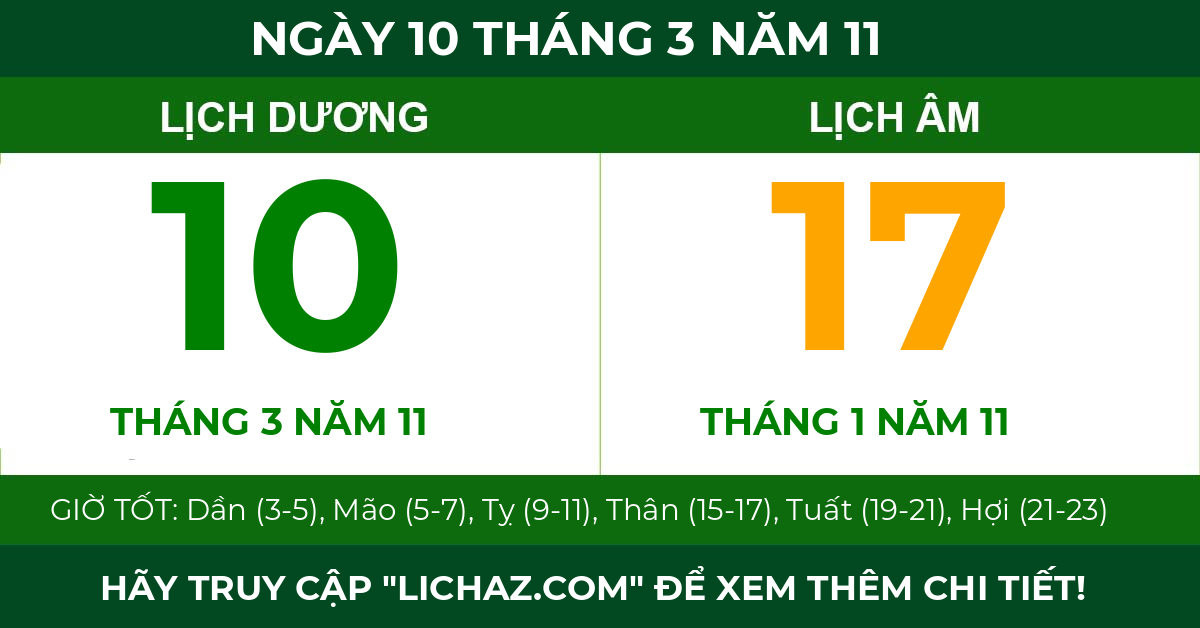 lịch âm ngày 10 tháng 3 năm 11
