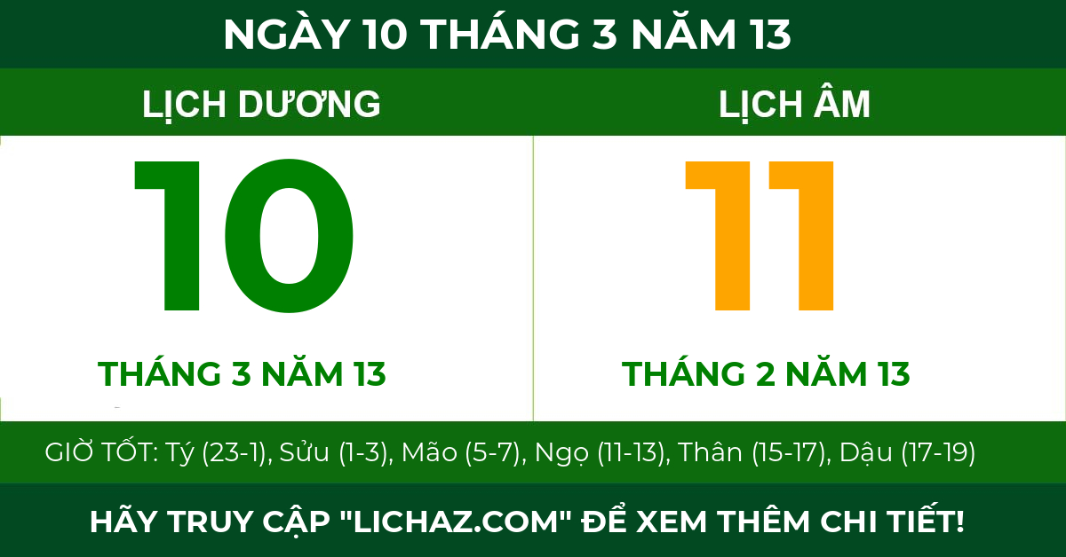 lịch âm ngày 10 tháng 3 năm 13