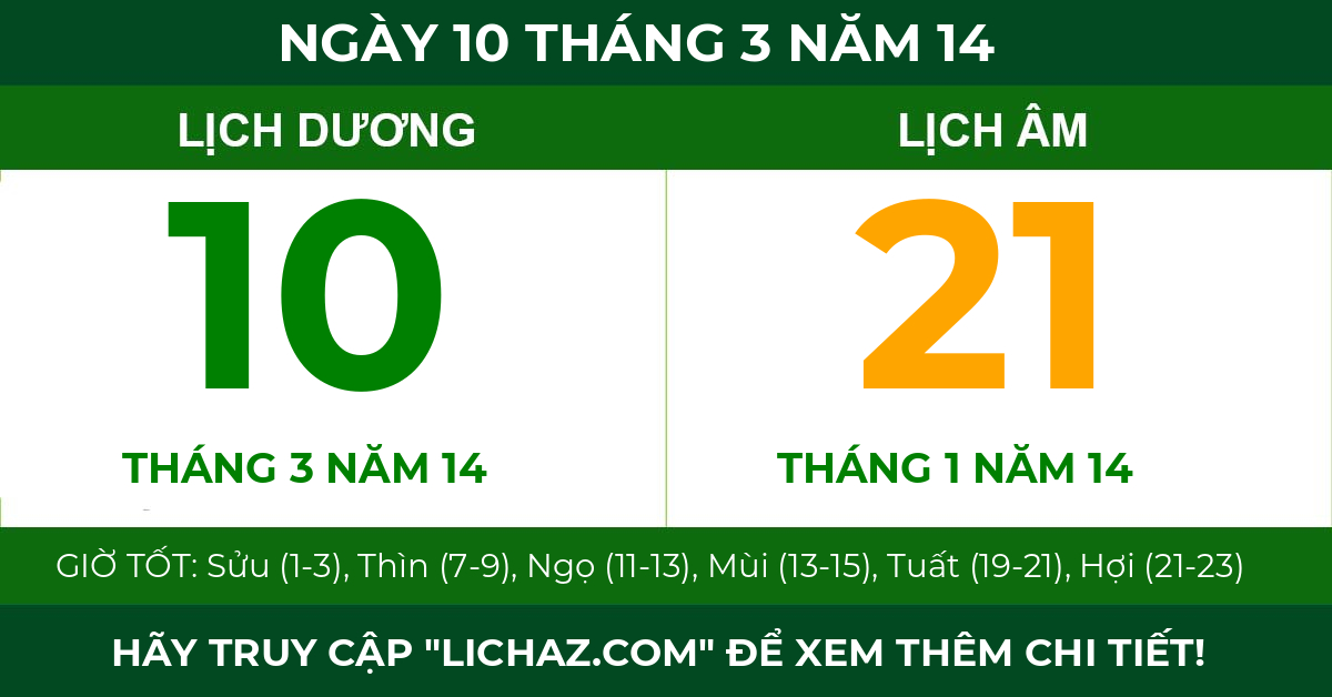 lịch âm ngày 10 tháng 3 năm 14