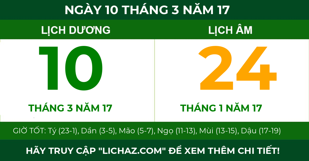 lịch âm ngày 10 tháng 3 năm 17