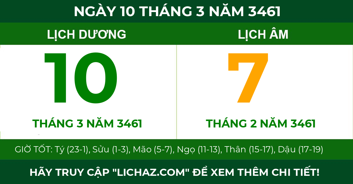 lịch âm ngày 10 tháng 3 năm 3461