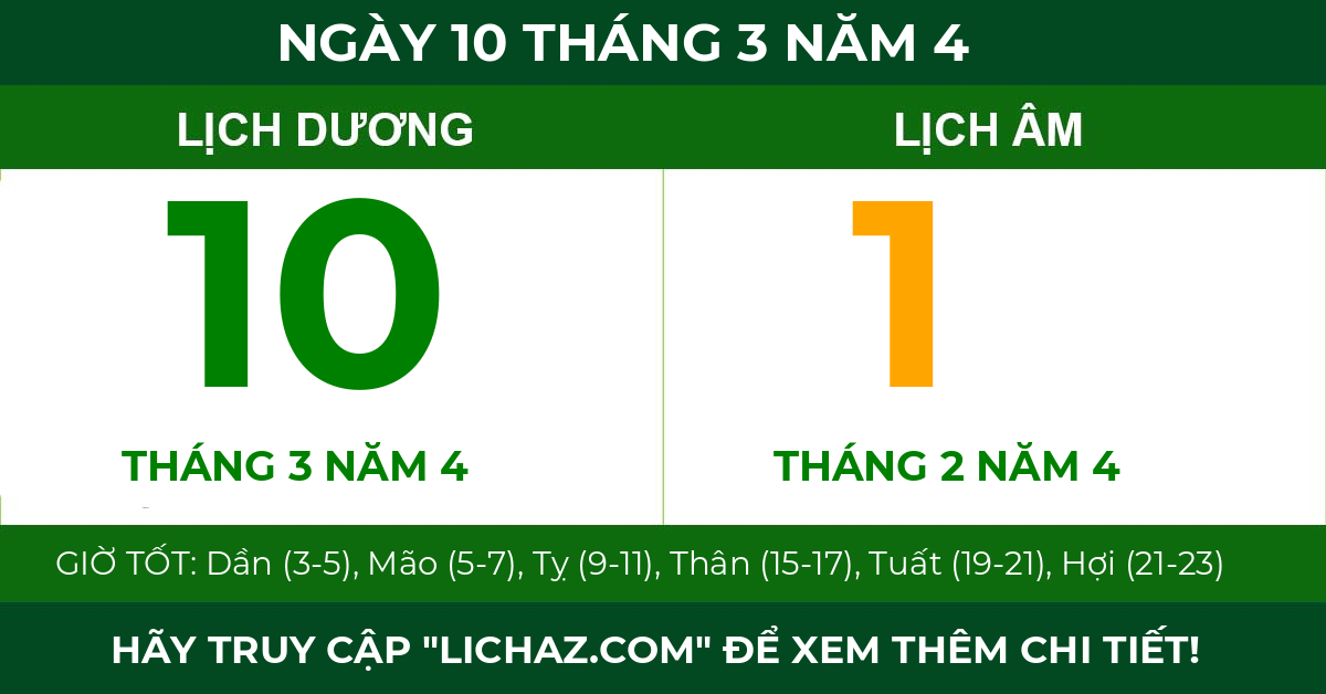 lịch âm ngày 10 tháng 3 năm 4