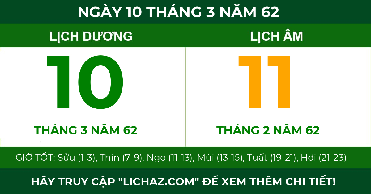lịch âm ngày 10 tháng 3 năm 62